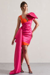 Pink & Orange Satin Wrap Mini Dress Peplum Drape